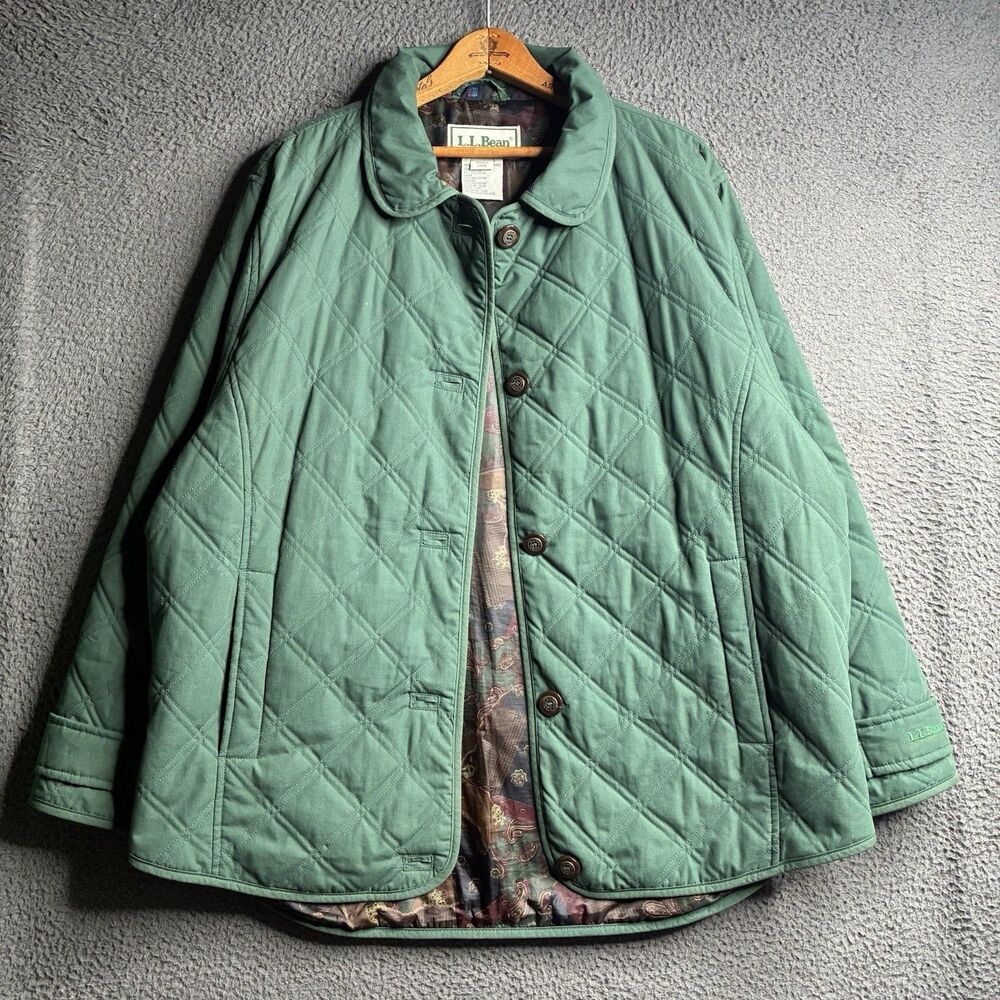 L.L. Bean Diamond Quilted Chore Jacket Coat Green Women's Large Vintage - Picture 4 of 14